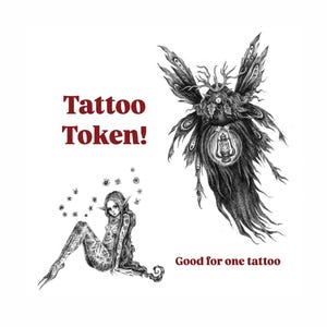 Op de afbeelding: Zwart-witte illustratie van een fee met vleugels en een lantaarn, en een tweede fee met een kroon van sterren. De tekst "Tattoo Token!" en "Good for one tattoo" is ook in de afbeelding opgenomen.