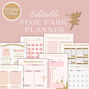 Puede incluir: Un planificador de Pixie Park rosa y dorado con múltiples páginas imprimibles. Incluye una lista de embalaje, recuerdos de vacaciones, una lista de deseos de Disney y un rastreador de presupuesto. El planificador tiene un gráfico de hadas.
