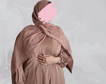 Elegante open perzikkleurige abaya met onderjurk, riem en hijab - perfect voor Eid, Ramadan, islamitische mode, bescheiden mode