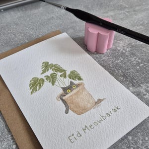 Eid Meowbarak Grußkarte – Handgemaltes Aquarell mit Monstera-Design | Islamische Geschenk | Blumen Kunst Original Eid Ramadan