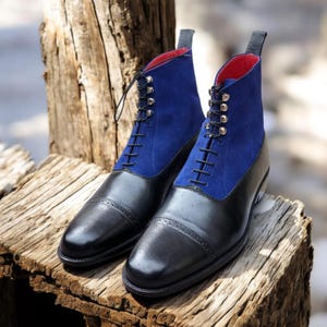 Handmade Two-Tone Leather & Suede Boots – Men&#39;s Goodyear Welted Cap Toe Lace-Up Boots – Luxury Black Blue Boots – Formal Casual Footwear