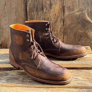 Genuine Leather Made To Order Rustic Brown Ankle High Boots For Men, Men&#39;s Handmade Lace Up Boots