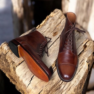 Handmade Brown Leather Cap-Toe Boots – Men’s Vintage Lace-Up Dress Boots – Goodyear Welted Ankle Boots – Classic Leather Work & Casual Boots