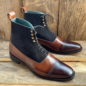 Handmade Two-Tone Leather and Suede Boots for Men – Brown and Black Cap-Toe Lace-Up Ankle Boots – Classic Formal and Casual Footwear for Him