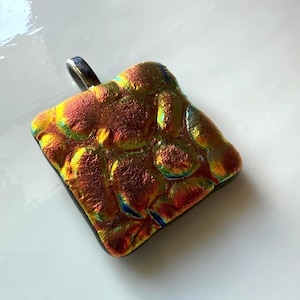 Red, Gold, Hot Lava Textured Dichroic Pendant, Fused Glass Jewelry, Leather Cord Necklace, - 211DP, DUNEGLASS, FREE SHIPPING