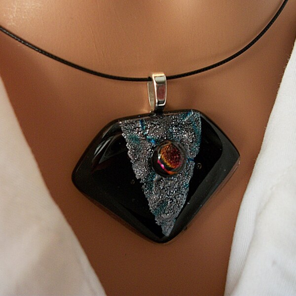 Dichroic Pendant Black Silver Blue and Red Glass Deco Diamond  DGP14A2614 -  Dune Glass  Free Shipping in the USA