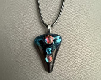 Dichroic Art Glass Pendant Necklace: Fused Metallic Glass, Leather Cord