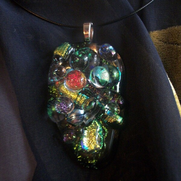 Large One of A Kind Dichroic Pendant with Bubbles Fused Glass Futura Series   FS112P -  DUNE GLASS
