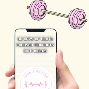 Könnte beinhalten: Ein Smartphone, auf dem ein 30-tägiger, auf die Gesäßmuskulatur fokussierter Trainingsplan mit Videos angezeigt wird. Der Bildschirm zeigt eine rosa Langhantel mit einer Herzfrequenzlinie und den Text "Legs & Glutes 1 Month Guide with Videos".