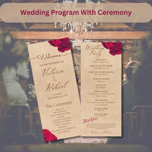 Può includere: Un programma di nozze con i dettagli della cerimonia. Il programma presenta i nomi "Victoria & Robert" e la data "02.25.2025". Il design include accenti di rose rosse e una texture di carta rustica. Il programma elenca i dettagli della cerimonia.