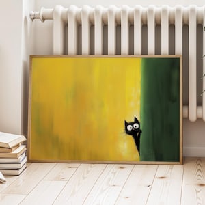 Black Cat Peeking Around The Corner Printable Art Cat Wall Art, Home Decoration Colorful Fun Cat Wall Art Cat Print Modern Cat Art 0064