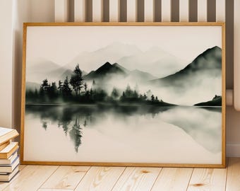 Watercolor Sage Green Mountain Wall Art, Pine Forest Art, Mountain Landscape Painting Green Horizontal Wall Art for Bedroom Posters 0058