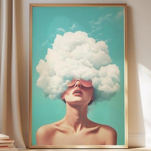 May include: A woman with a cloud for hair wearing pink sunglasses against a turquoise background.