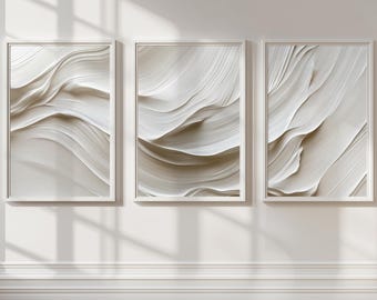Beige Wall Art Set of 3 Neutral Wall Art Abstract White Wave Minimalist Cream Wall Art for Living Room Bedroom Decor Printable Art | 0049