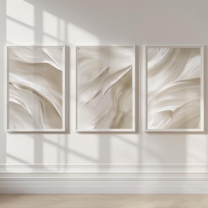 Set di 3 stampe astratte beige con pennellate bianche, arte murale, toni neutri e tenui, decorazione da parete minimalista per camera da letto e soggiorno, arte stampabile