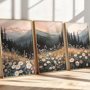 Juego de 3 obras de arte con paisajes de flores silvestres, impresión de puesta de sol en la montaña estilo bohemio, arte de pared moderno de mediados de siglo, decoración de sala de estar, dibujo de flores estilo bohemio / 0044