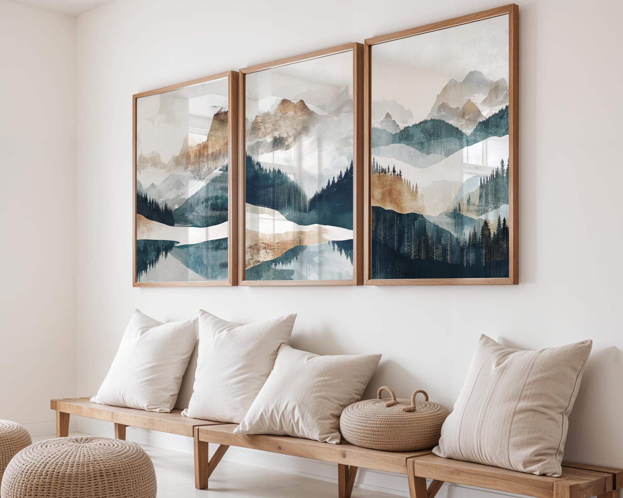 Mountain Landscape Wall Art Set of 3 Nature Art Abstract Mountain Lake ...