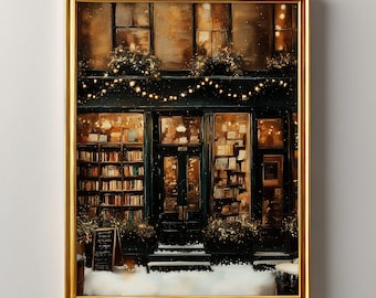 Christmas Bookstore Vintage Oil Painting | Christmas Poster Printable Wall Art