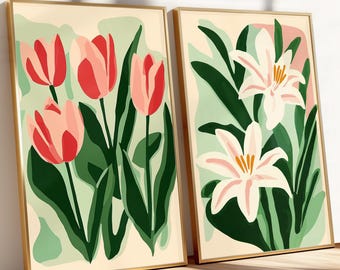 Abstract Flower Wall Art Set of 2 Botanical Printable Wall Art Dining Room Art Matisse Flowers Lilies Flower Market Print Pink Tulips 0076