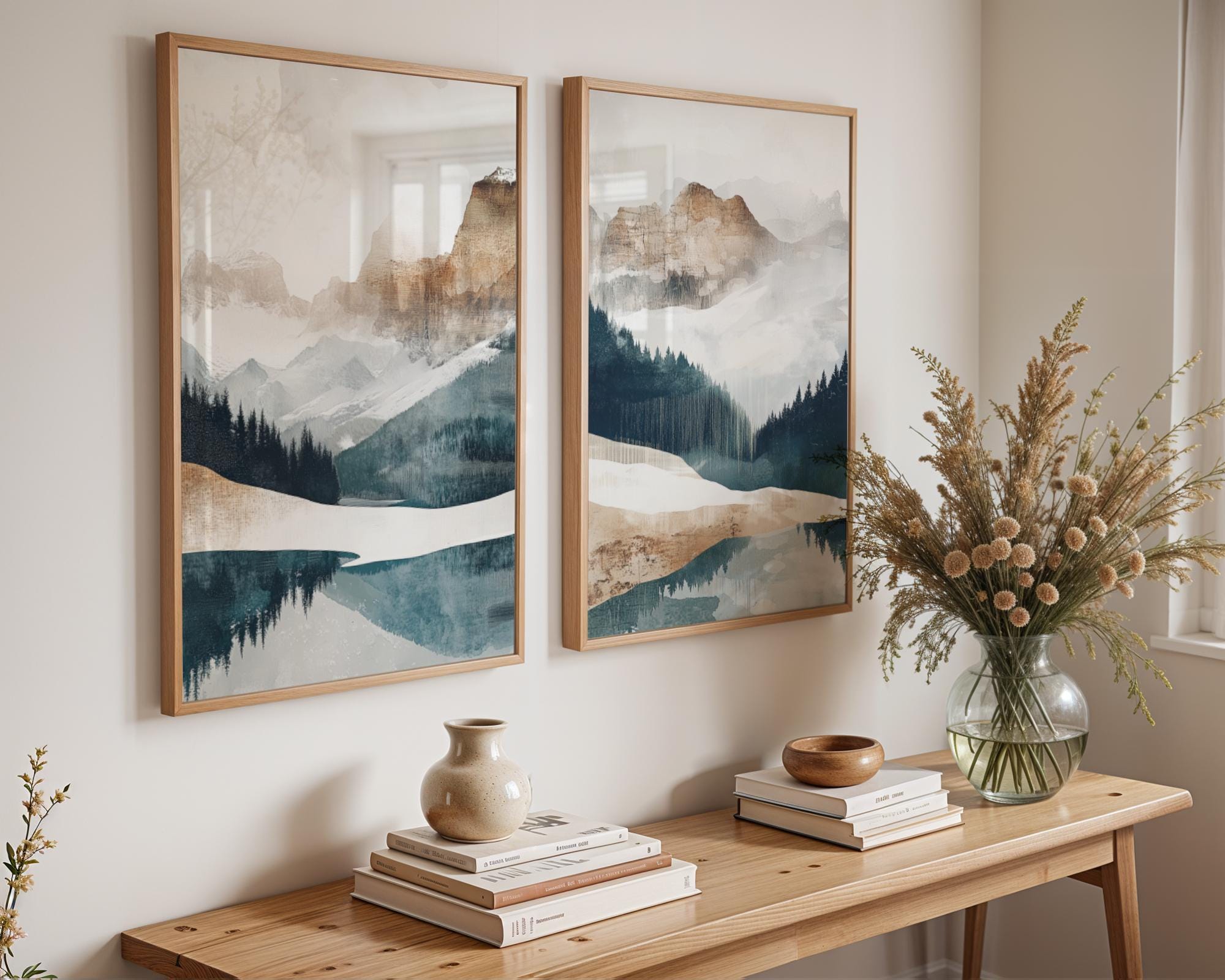 Mountain Landscape Wall Art Set of 3 Nature Art Abstract Mountain Lake ...