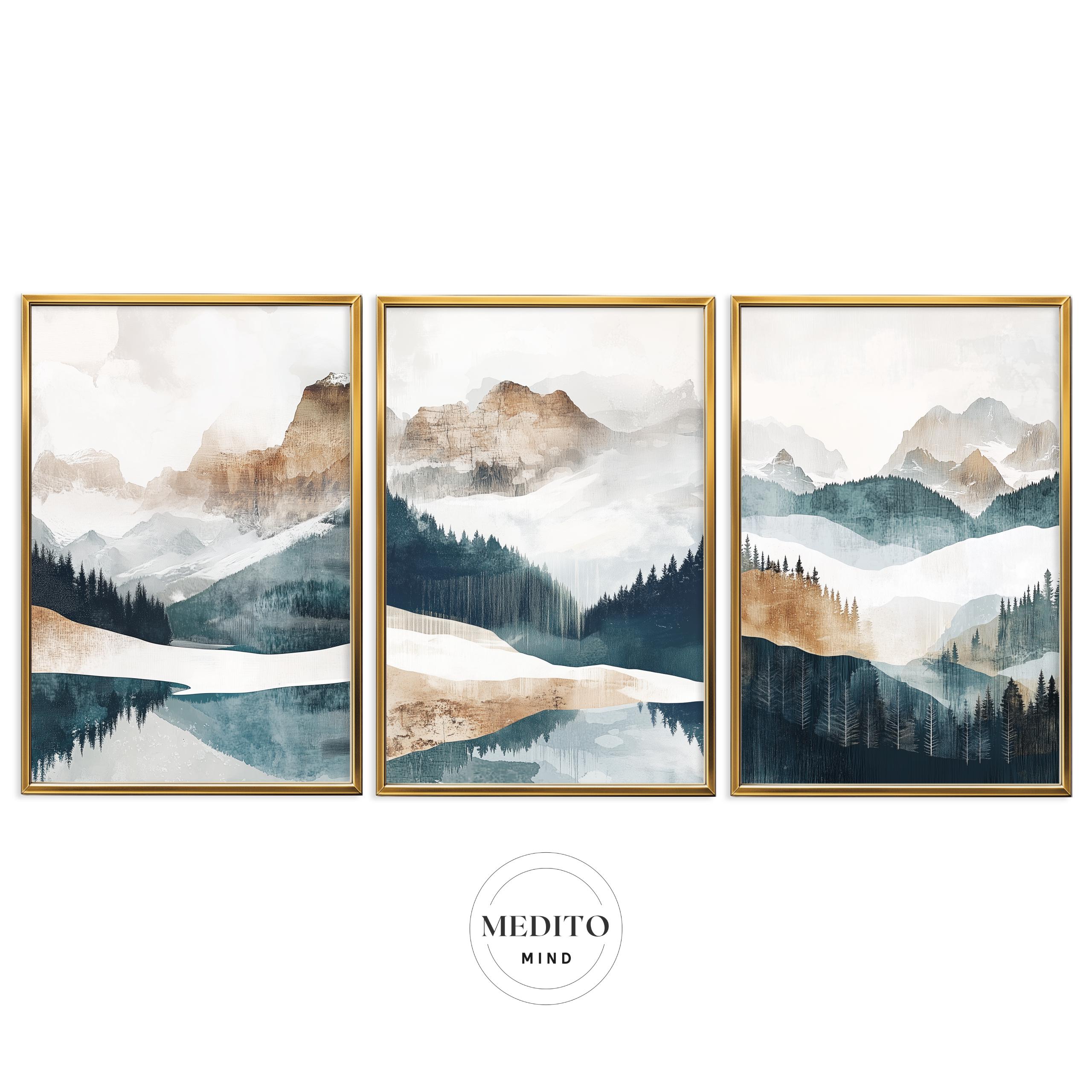 Mountain Landscape Wall Art Set of 3 Nature Art Abstract Mountain Lake ...