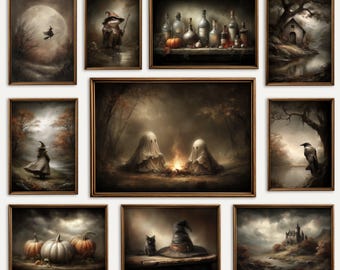 Bundel Halloween-muurkunst | Spookachtige herfstdecoratie | Afdrukbare download Dark Moody | Gotische fotowand | Heksendecor | 10 afdrukken