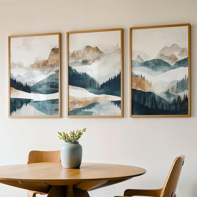 Mountain Landscape Wall Art Set of 3 Nature Art Abstract Mountain Lake ...
