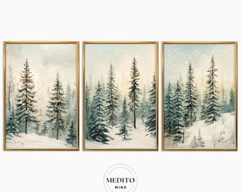 Winter Forest Printable Wall Art, Snowy Winter Print Set of 3, Rustic Cabin Watercolor Pine Tree Printable, Snowy Pine Trees Landscape, 0042