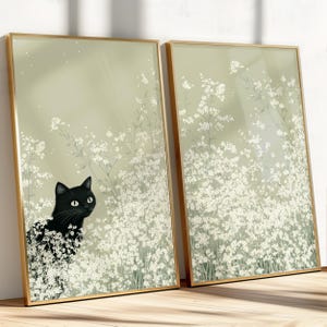 花畑の猫 2 枚セット 印刷可能な壁アート、セージ グリーンの春のポスター、黒猫の壁アート 2 枚セット、花の絵画 花畑 0062