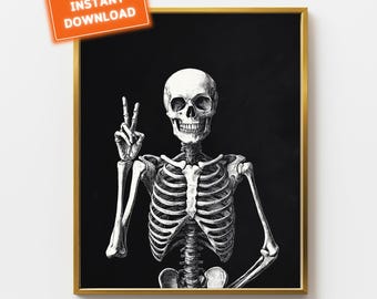Skeleton Print Halloween Printable Wall Art Skeleton Peace Sign Digital Download Spooky Halloween Decor Halloween Poster