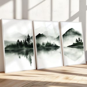 Watercolor Sage Green Mountain Forest Set of 3 Wall Art, Pine Forest Wall Art, Mountain Landscape Painting Green Art for Living Room 0057
