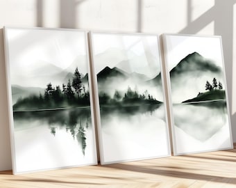 Watercolor Sage Green Mountain Forest Set of 3 Wall Art, Pine Forest Wall Art, Mountain Landscape Painting Green Art for Living Room 0057