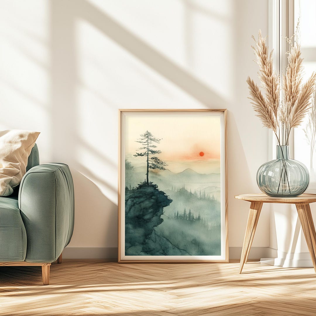Japandi Sunset Mountain Wall Art | Japanese Watercolor Landscape ...