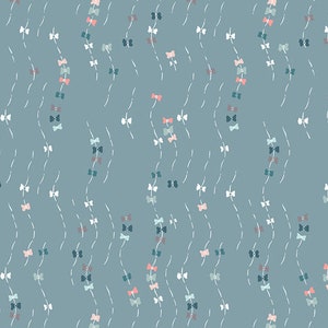 May include: A seamless pattern featuring a repeating design of pastel-colored bows on a light blue background. The bows are arranged in vertical lines, creating a delicate and feminine aesthetic.