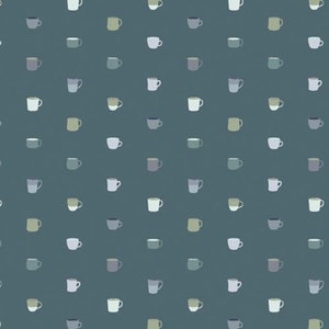 May include: A teal blue background with a repeating pattern of various colored mugs. The mugs are in shades of blue, green, and purple.