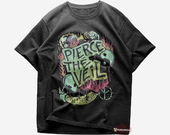 May include: Black t-shirt with a graphic print of the band "Pierce the Veil" in green and yellow text with flames and an alien. The text "California" is printed in a banner below the band name.