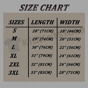 May include: Size chart for clothing with measurements in inches and centimeters. Sizes include S, M, L, XL, 2XL, and 3XL. Length and width measurements are provided for each size.