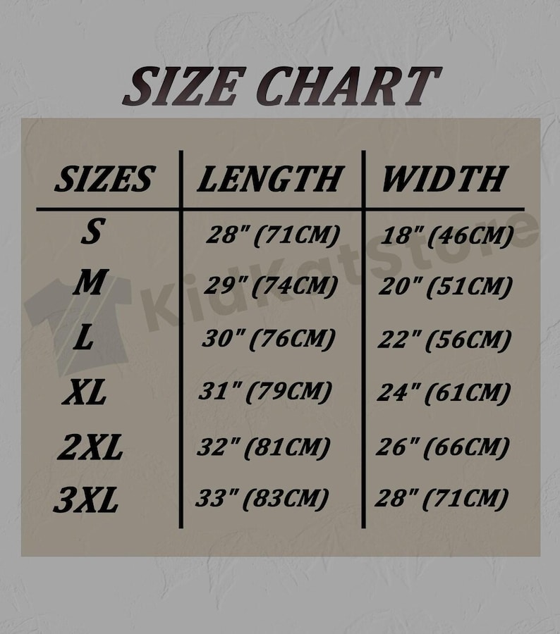 May include: Size chart for clothing with measurements in inches and centimeters. Sizes include S, M, L, XL, 2XL, and 3XL. Length and width measurements are provided for each size.
