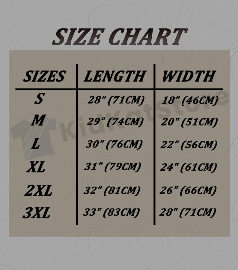 May include: Size chart for clothing with measurements in inches and centimeters. Sizes include S, M, L, XL, 2XL, and 3XL. Length and width measurements are provided for each size.