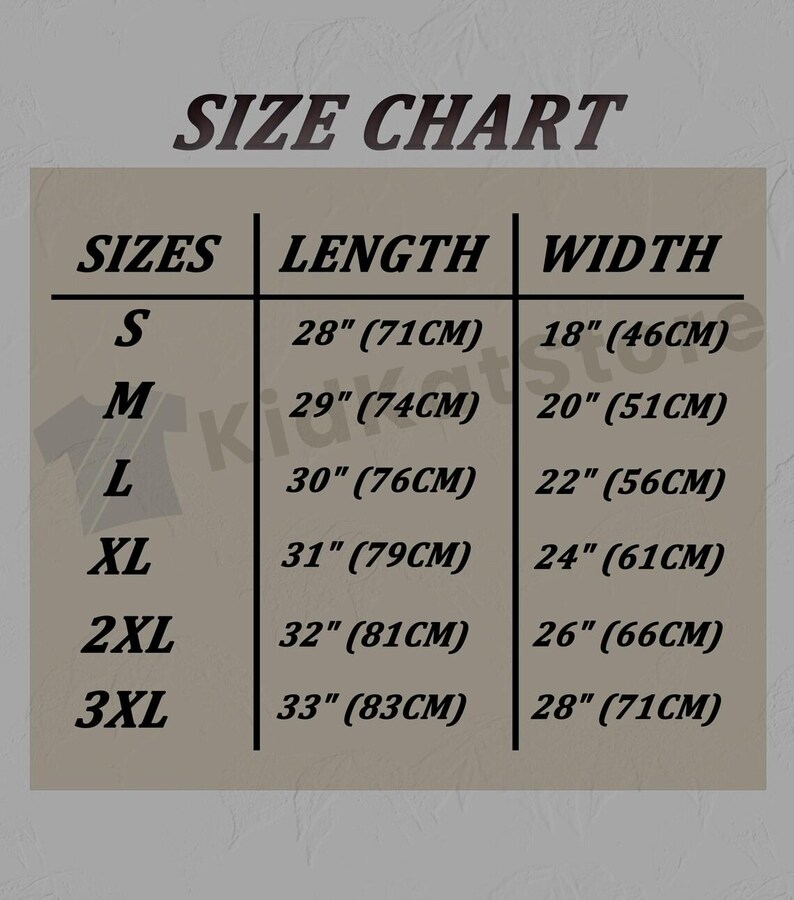 May include: Size chart for clothing with measurements in inches and centimetres. Sizes include S, M, L, XL, 2XL, and 3XL. Length and width measurements are provided for each size.