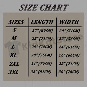 May include: Size chart for clothing with measurements in inches and centimeters. Sizes include S, M, L, XL, 2XL, and 3XL. Length and width measurements are provided for each size.