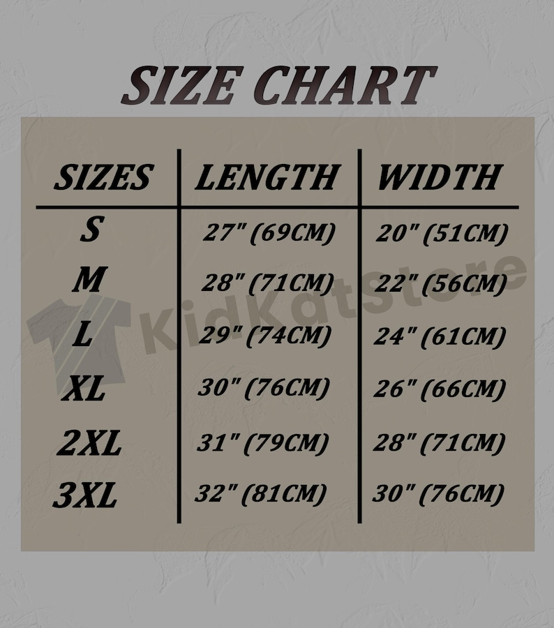 May include: Size chart for clothing with measurements in inches and centimeters. Sizes include S, M, L, XL, 2XL, and 3XL. Length and width measurements are provided for each size.