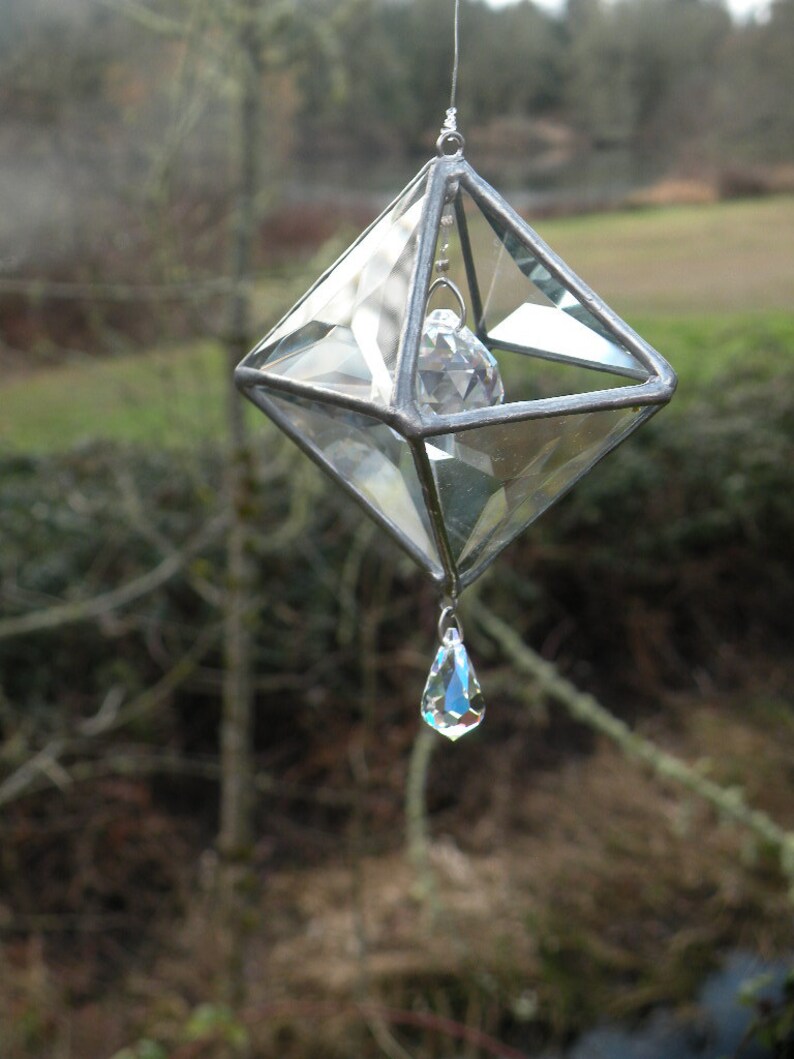 Stained Glass suncatcher 3D with crystal prism rainbow maker | Etsy