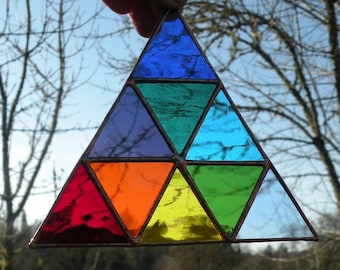 Stained Glass Rainbow triangle of triangles Stained Glass Window Hanging Suncatcher