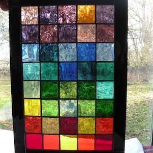 Colorful Stained Glass Panel with  rainbow of colors black boarder rectangular panel rainbow glass