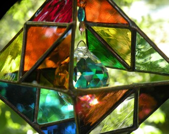 Geometric Rainbow Stained Glass Sculpture sun catcher with crystal stained glass suncatcher