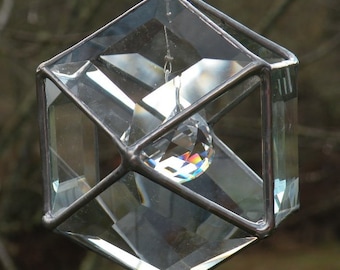 clear beveled stained glass geometric sun catcher with crystal