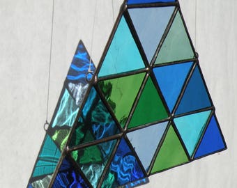 Stained Glass Blues Greens Teals triangle  Suncathcer