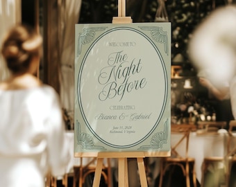 Letrero verde salvia de bienvenida a la noche anterior a la boda, tipografía elegante, nombres y fecha personalizados – BIANCA