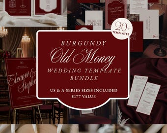 Paquete de plantillas para bodas con dinero antiguo en color burdeos, plantillas de letreros de boda vintage, tarjetas de lugar, invitaciones de boda, paquete de boda – ELEANOR